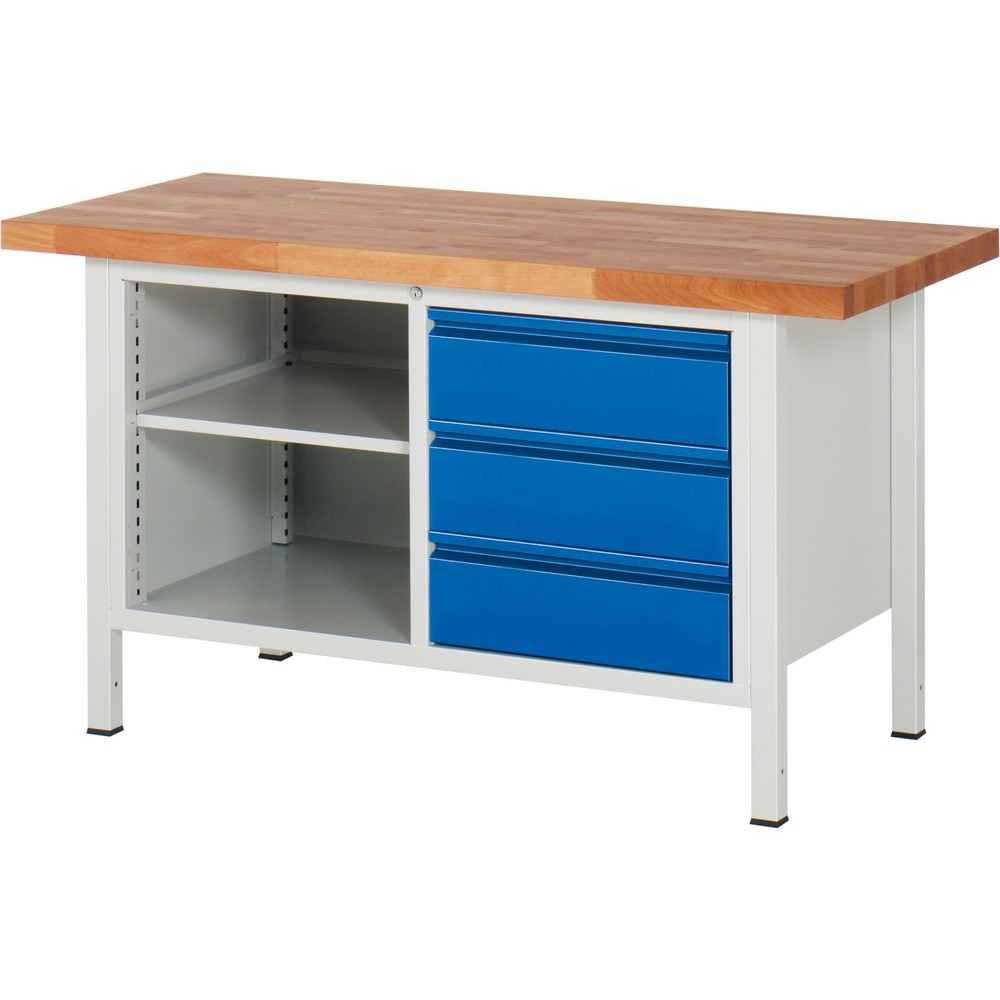 Product afbeelding: Werkbank RAU serie 8000, 1 dubbele kast, 1 legbord, hxbxd 840-1.040 x 1.500 x 700 mm, 3 x voor 90% uittrekbare lades