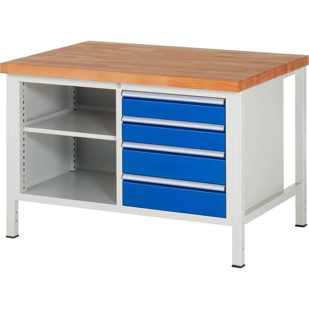 Product afbeelding: RAU werkbank serie 8000, h x b x d 840-1.040 x 1.250 x 900 mm, 1 dubbele onderbouwkast, met 4 lades