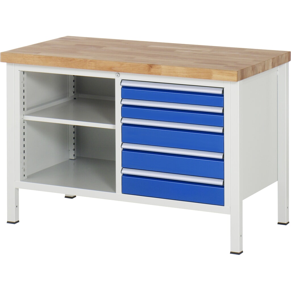 Product afbeelding: Werkbank RAU serie 8000, 1 dubbele kast, hxbxd 840-1.040 x 1.250 x 700 mm, 5 lades