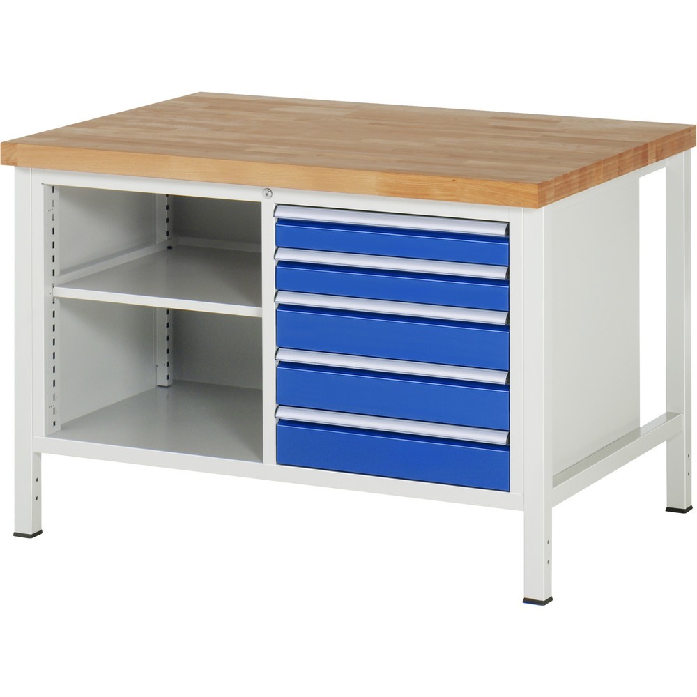 Product afbeelding: Werkbank RAU serie 8000, 1 dubbele kast, hxbxd 840-1.040 x 1.250 x 900 mm, 5 lades