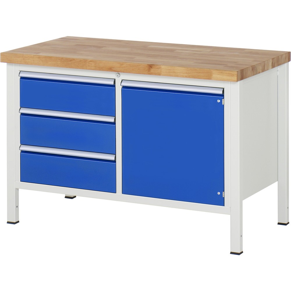 Product afbeelding: RAU werkbank serie 8000, h x b x d 840-1.040 x 1.250 x 700 mm, 1 dubbele onderbouwkast, met 3 lades en 1 openslaande deur