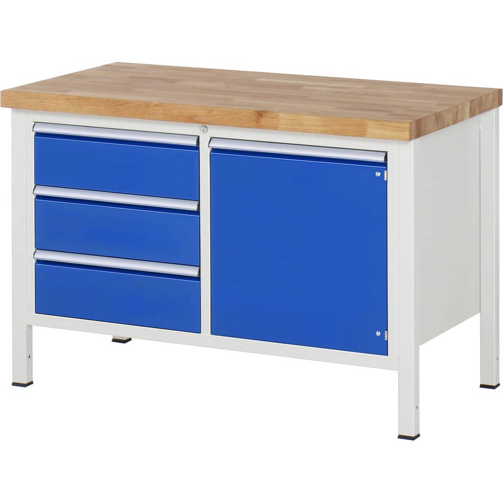 RAU werkbank serie 8000, h x b x d 840-1.040 x 1.250 x 700 mm, 1 dubbele onderbouwkast, met 3 lades en 1 openslaande deur Productafbeelding nr. 1: RAU werkbank serie 8000, h x b x d 840-1.040 x 1.250 x 700 mm, 1 dubbele onderbouwkast, met 3 lades en 1 openslaande deur