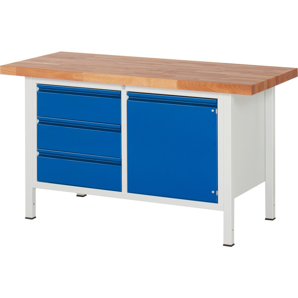 Product afbeelding: Werkbank RAU serie 8000, 1 dubbele kast, 1 legbord, 1 draaideur, hxbxd 840 x 1.500 x 700 mm, 3 x voor 90% uittrekbare lades