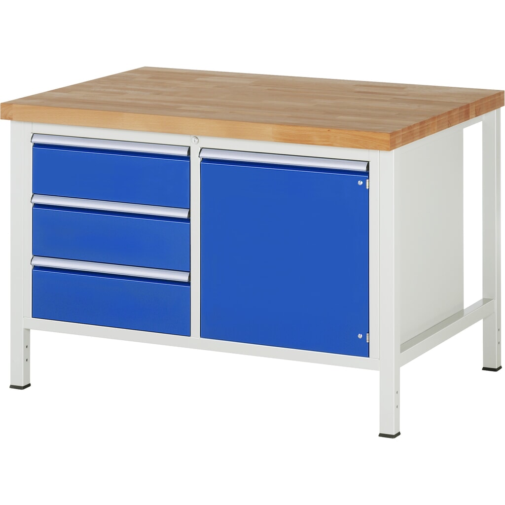 RAU werkbank serie 8000, h x b x d 840-1.040 x 1.250 x 900 mm, 1 dubbele onderbouwkast, met 3 lades en 1 openslaande deur Product afbeelding: RAU werkbank serie 8000, h x b x d 840-1.040 x 1.250 x 900 mm, 1 dubbele onderbouwkast, met 3 lades en 1 openslaande deur