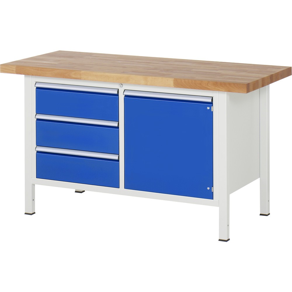 Product afbeelding: RAU werkbank serie 8000, h x b x d 840-1.040 x 1.500 x 700 mm, 1 dubbele onderbouwkast, met 3 lades en 1 openslaande deur