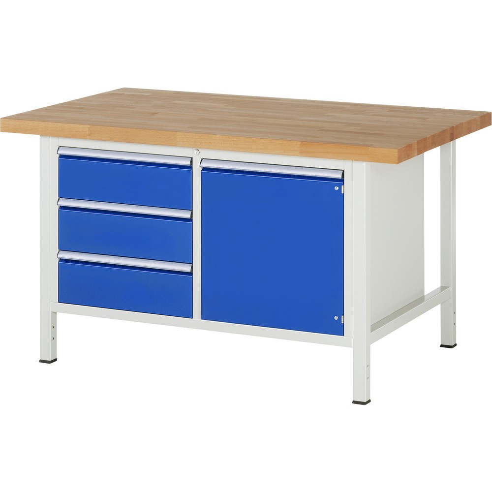 Product afbeelding: RAU werkbank serie 8000, h x b x d 840-1.040 x 1.500 x 900 mm, 1 dubbele onderbouwkast, met 3 lades en 1 openslaande deur