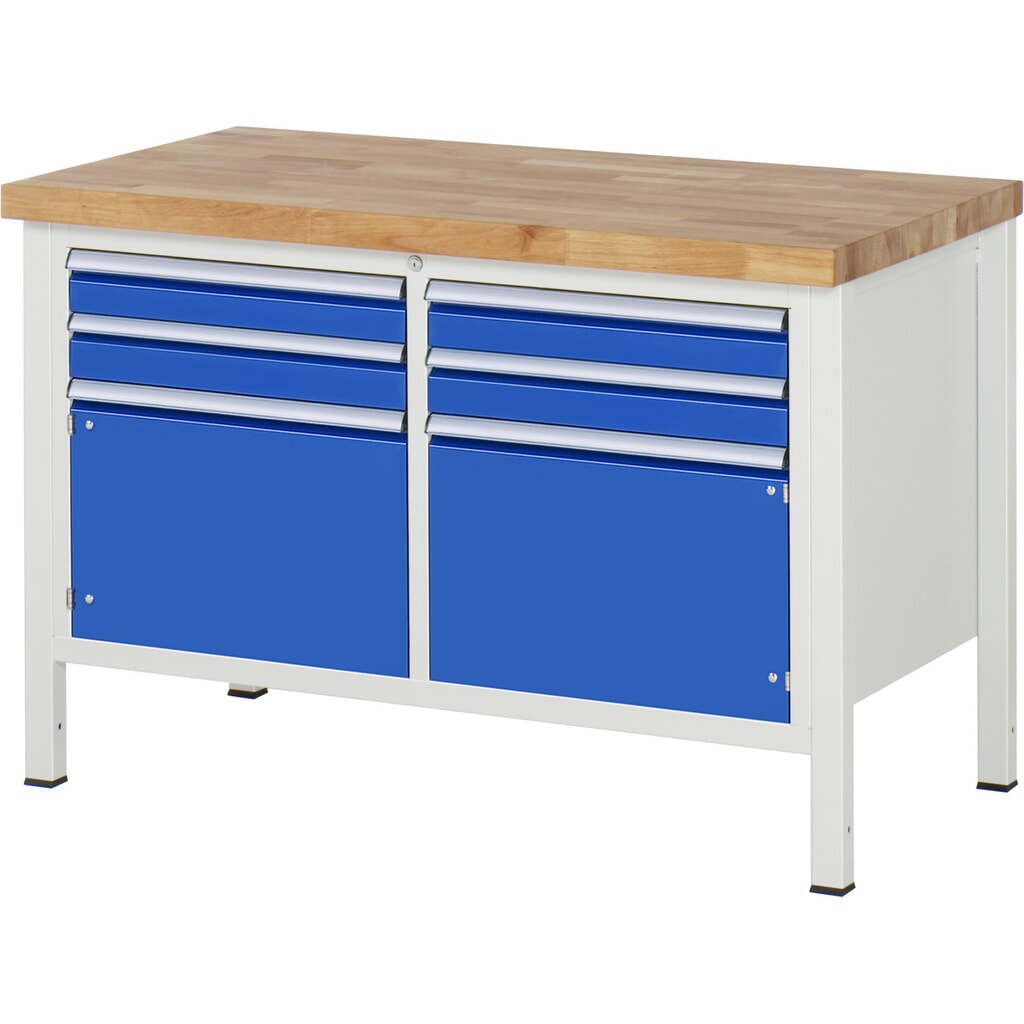 Product afbeelding: Werkbank RAU serie 8000, 1 dubbele kast, 2 draaideuren, hxbxd 840-1.040 x 1.250 x 700 mm, 4 lades