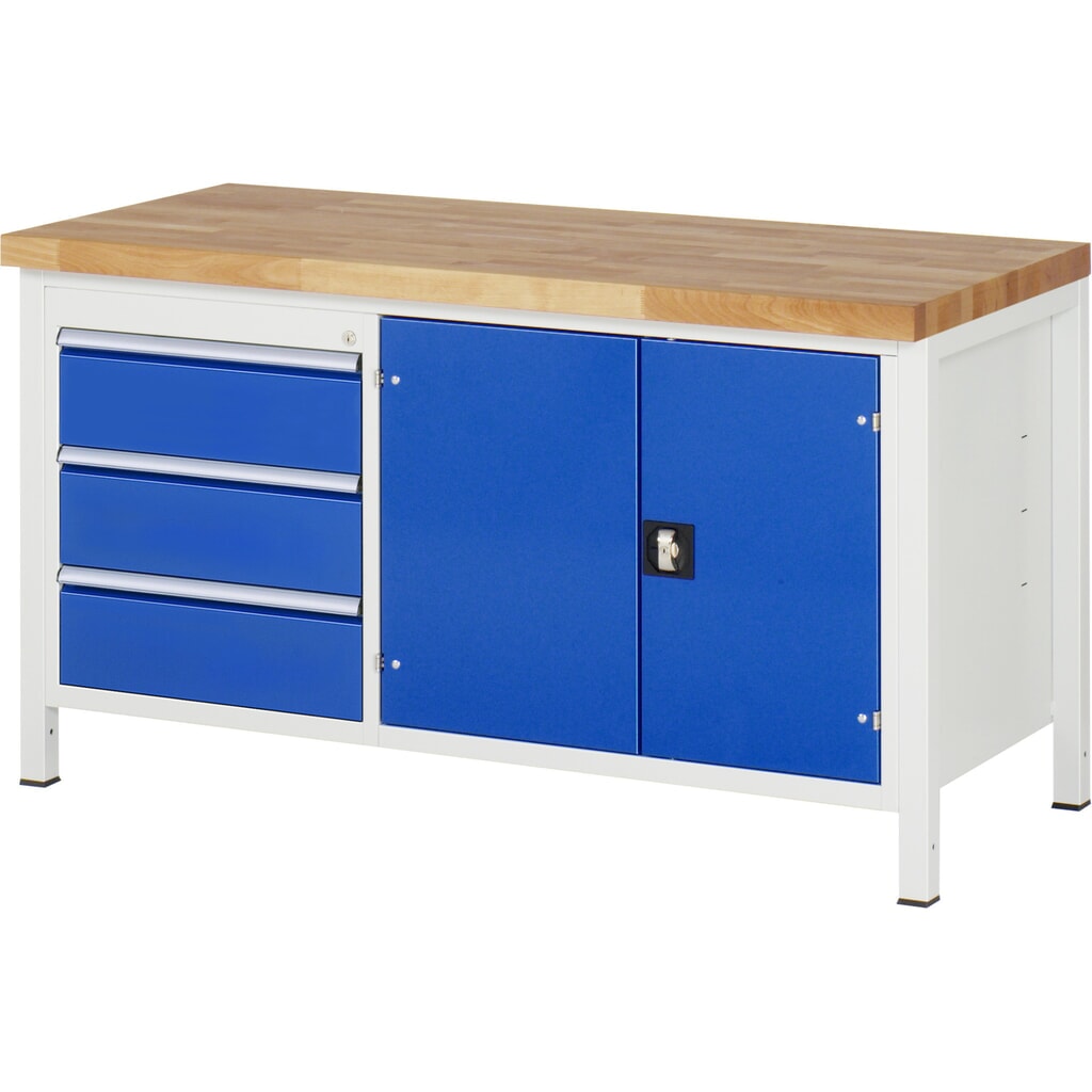 Product afbeelding: Werkbank RAU serie 8000, 1 dubbele kast, 1 legbord, 1 dubbele draaideur, hxbxd 840-1.040 x 1.500 x 700 mm, 3 x voor 90% uittrekbare lades