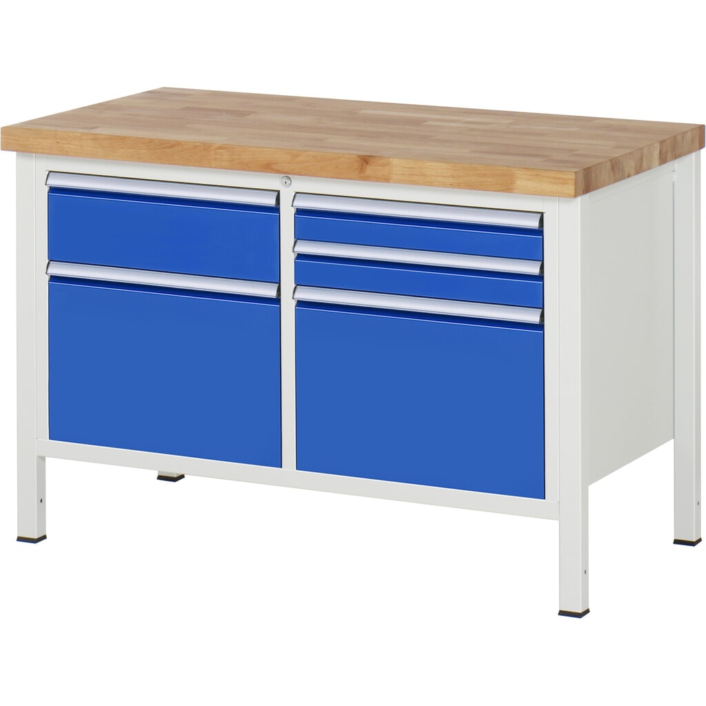 Werkbank RAU serie 8000, 1 dubbele kast, hxbxd 840-1.040 x 1.250 x 700 mm, 5 x voor 90% uittrekbare lades Product afbeelding: Werkbank RAU serie 8000, 1 dubbele kast, hxbxd 840-1.040 x 1.250 x 700 mm, 5 x voor 90% uittrekbare lades