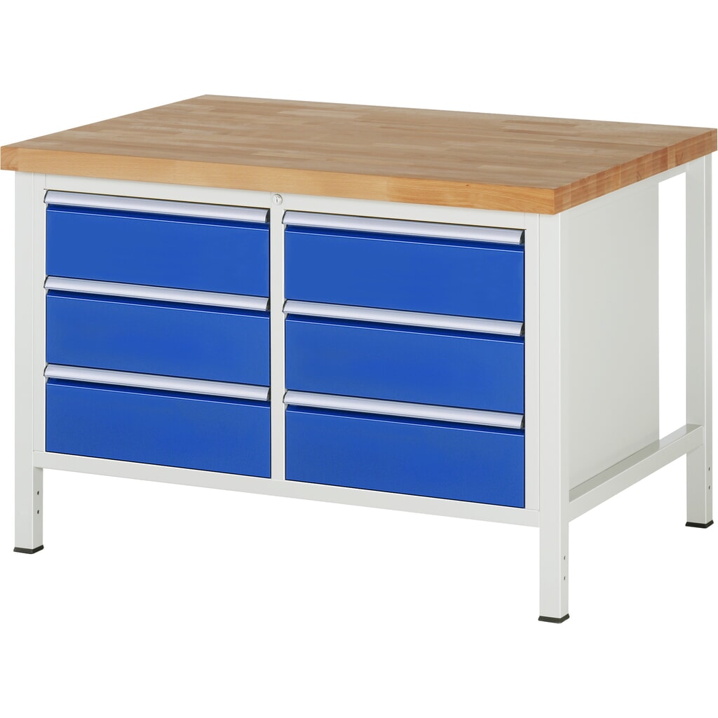 RAU werkbank serie 8000, h x b x d 840-1.040 x 1.250 x 900 mm, 1 dubbele onderbouwkast, met 6 lades Product afbeelding: RAU werkbank serie 8000, h x b x d 840-1.040 x 1.250 x 900 mm, 1 dubbele onderbouwkast, met 6 lades