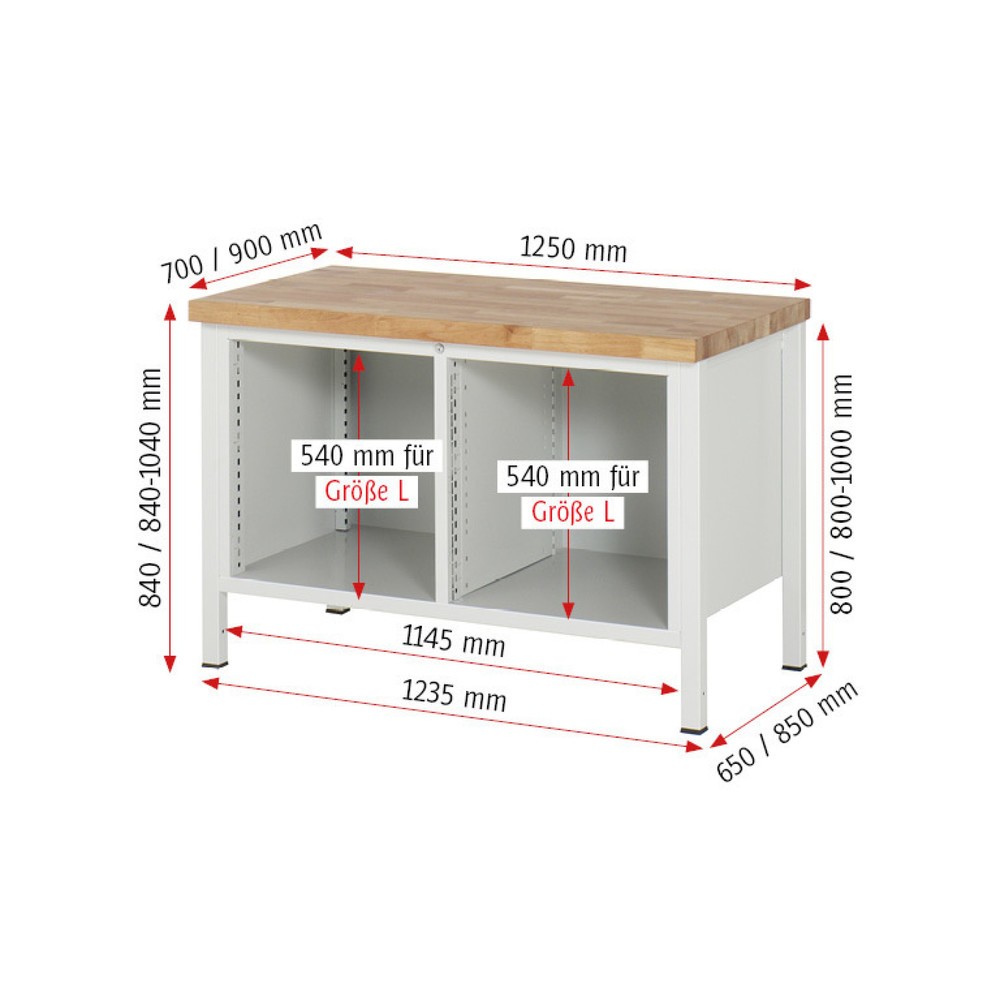 Productafbeelding nr. 6: Werkbank RAU serie 8000, 1 dubbele kast, 2 draaideuren, hxbxd 840-1.040 x 1.250 x 700 mm, 3 lades