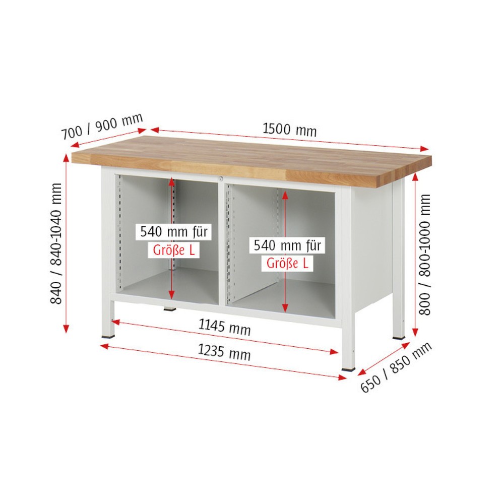 Productafbeelding nr. 4: Werkbank RAU serie 8000, 1 dubbele kast, 1 legbord, hxbxd 840-1.040 x 1.500 x 700 mm, 3 x voor 100% uittrekbare lades