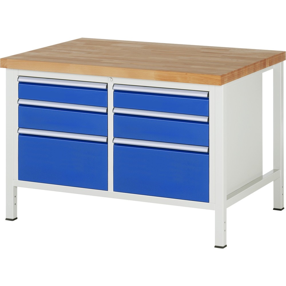 Productafbeelding nr. 1: Werkbank RAU serie 8000, 1 dubbele kast, hxbxd 840 x 1.250 x 900 mm, 6 x voor 90% uittrekbare lades, 2 x 120, 2 x 150, 2 x 270 mm, draagvermogen lade 100 kg