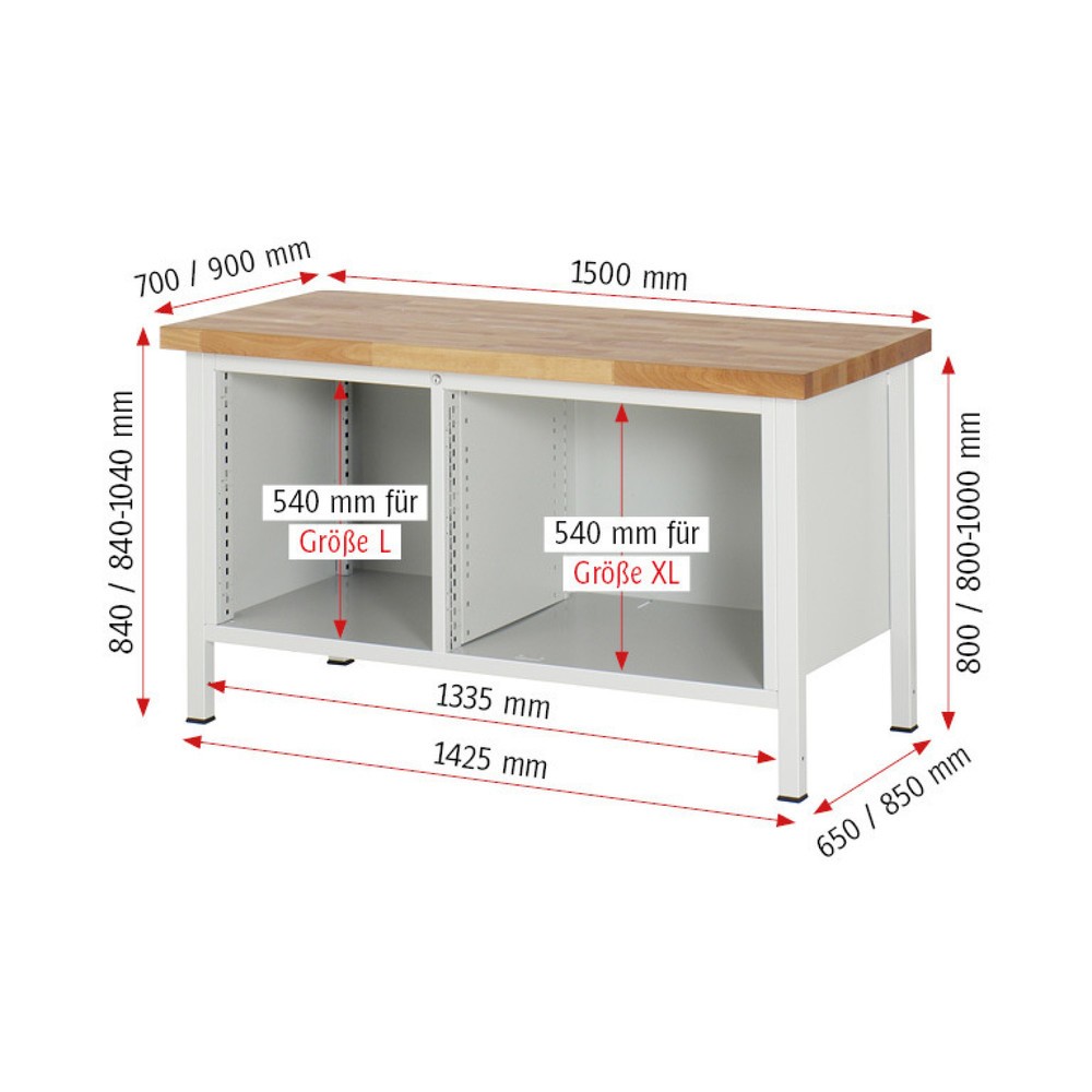 Productafbeelding nr. 6: Werkbank RAU serie 8000, 1 dubbele kast, 1 legbord, 1 draaideur, hxbxd 840 x 1.500 x 700 mm, 2 x voor 90% uittrekbare lades, 1 x 180, 1 x 360 mm, draagvermogen lade 75 kg
