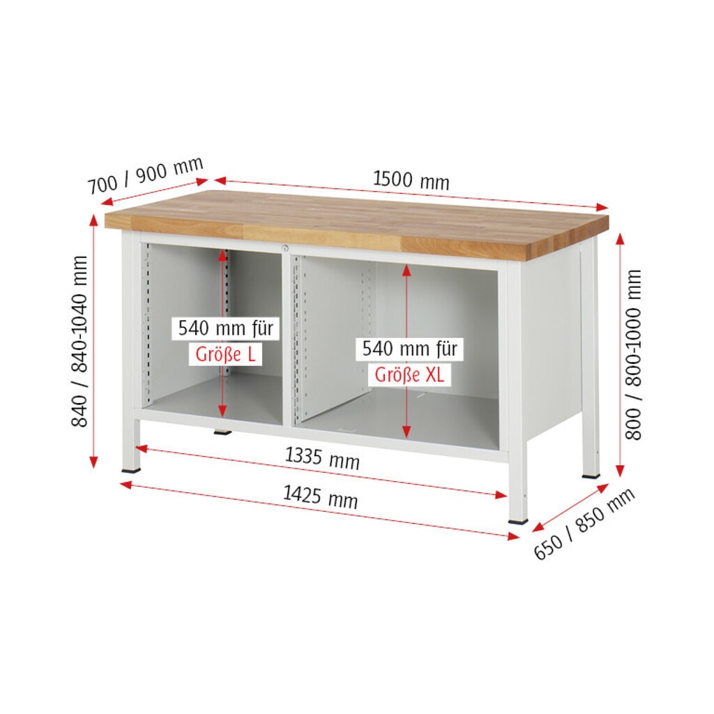 Productafbeelding nr. 9: Werkbank RAU serie 8000, 1 dubbele kast, 1 legbord, 1 draaideur, hxbxd 840-1.040 x 1.500 x 900 mm, 2 x voor 90% uittrekbare lades 1 x 180, 1 x 360 mm