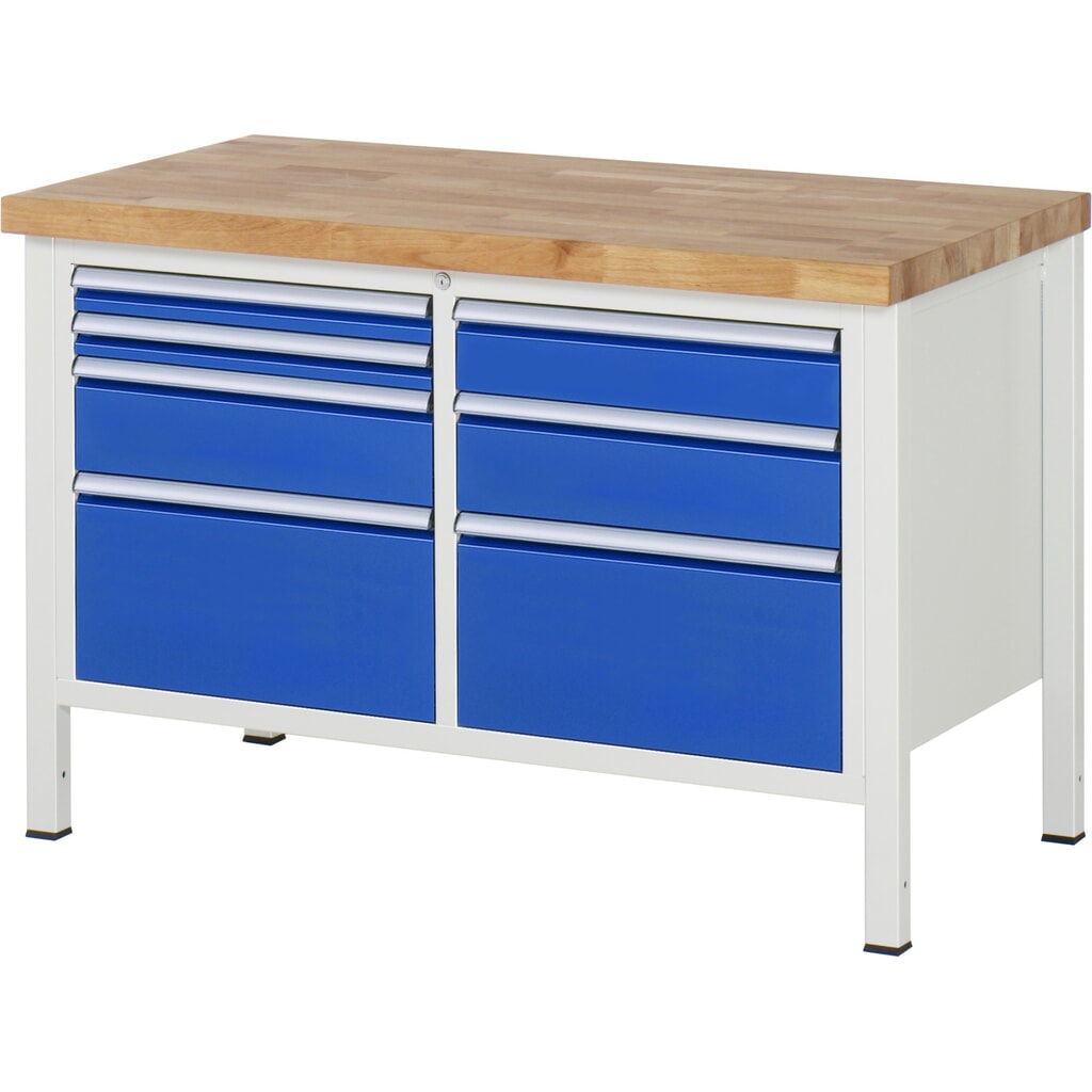 Werkbank RAU serie 8000, 1 dubbele kast, hxbxd 840-1.040 x 1.250 x 700 mm, 7 x voor 90% uittrekbare lades Product afbeelding: Werkbank RAU serie 8000, 1 dubbele kast, hxbxd 840-1.040 x 1.250 x 700 mm, 7 x voor 90% uittrekbare lades