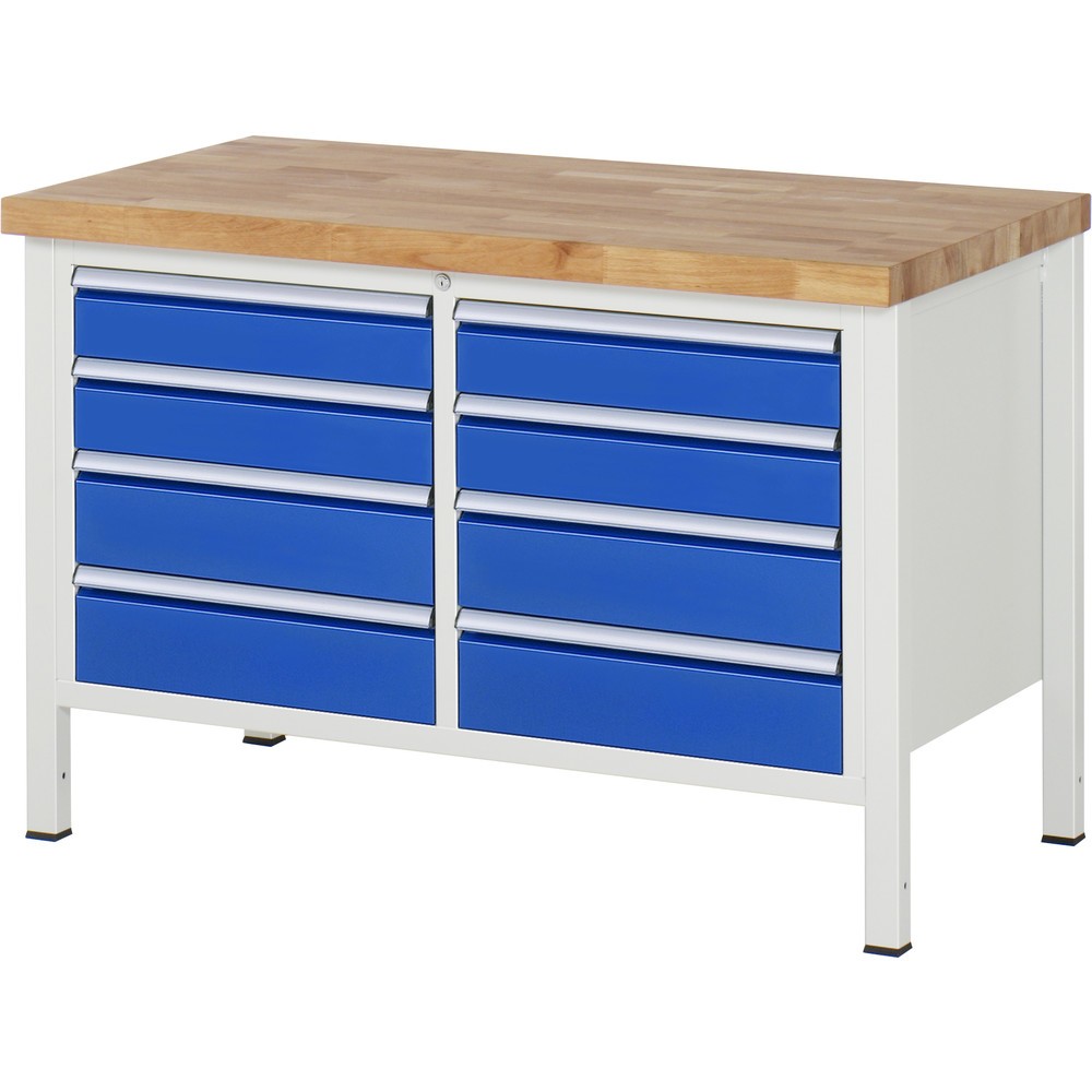 Product afbeelding: RAU werkbank serie 8000, h x b x d 840-1.040 x 1.250 x 700 mm, 1 dubbele onderbouwkast, met 8 lades