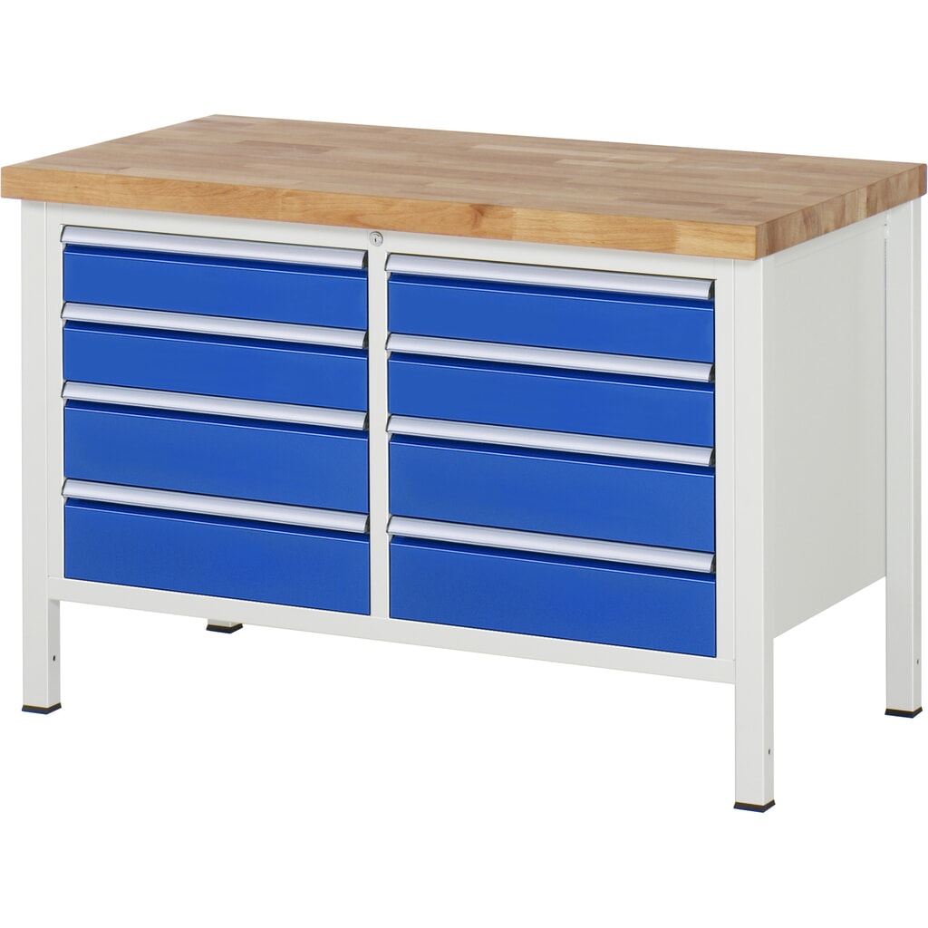 Product afbeelding: RAU werkbank serie 8000, h x b x d 840-1.040 x 1.250 x 700 mm, 1 dubbele onderbouwkast, met 8 lades