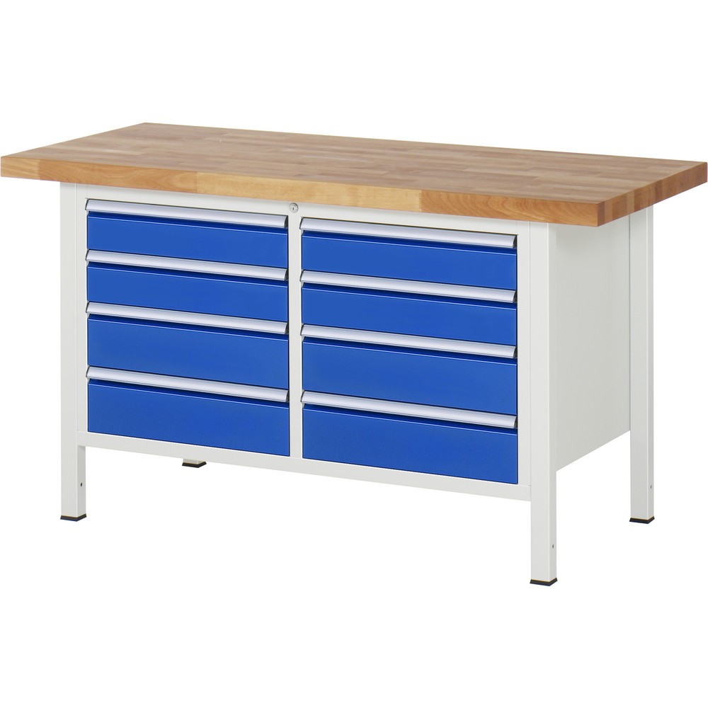Product afbeelding: RAU werkbank serie 8000, h x b x d 840-1.040 x 1.500 x 700 mm, 1 dubbele onderbouwkast, met 8 lades