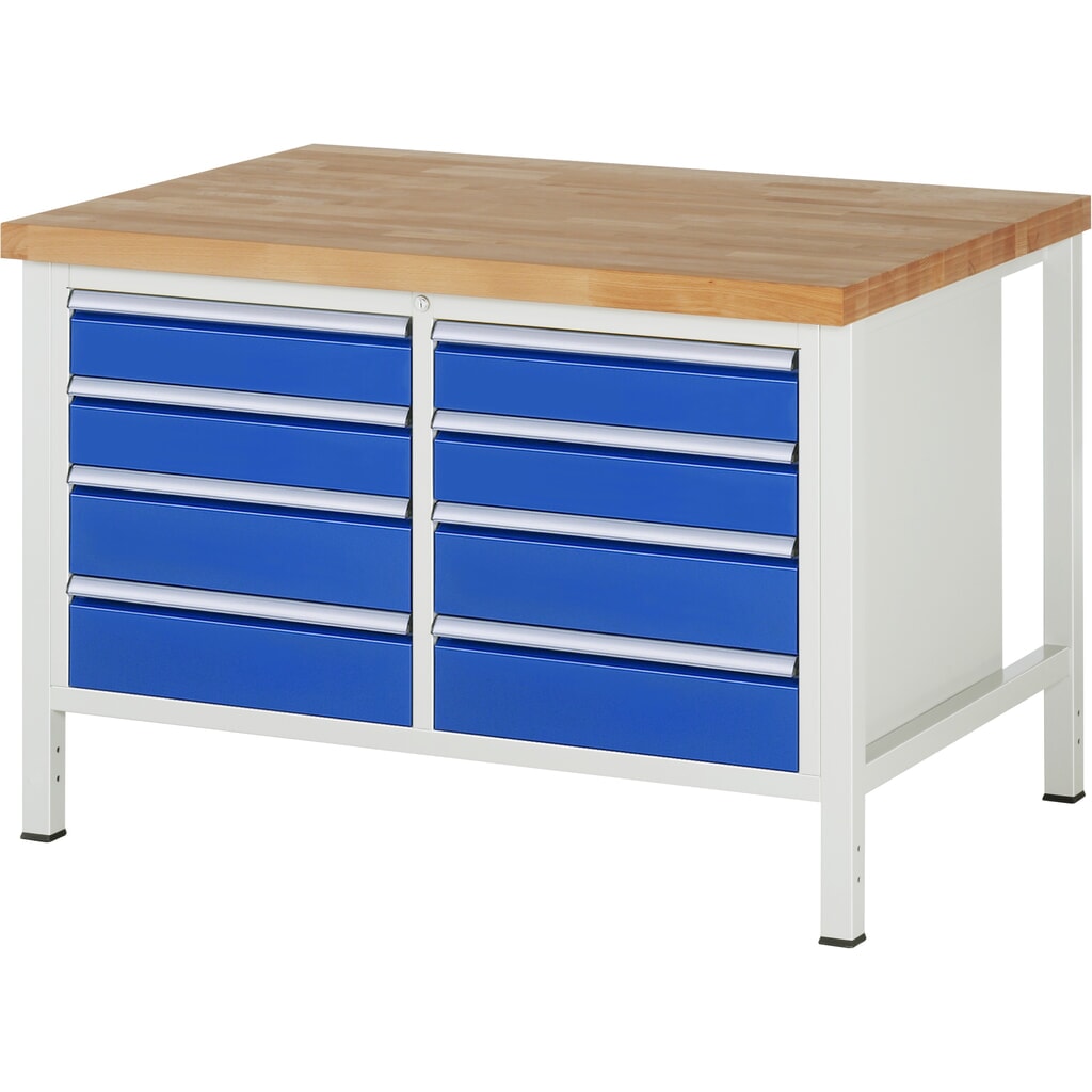 RAU werkbank serie 8000, h x b x d 840-1.040 x 1.250 x 900 mm, 1 dubbele onderbouwkast, met 8 lades Product afbeelding: RAU werkbank serie 8000, h x b x d 840-1.040 x 1.250 x 900 mm, 1 dubbele onderbouwkast, met 8 lades
