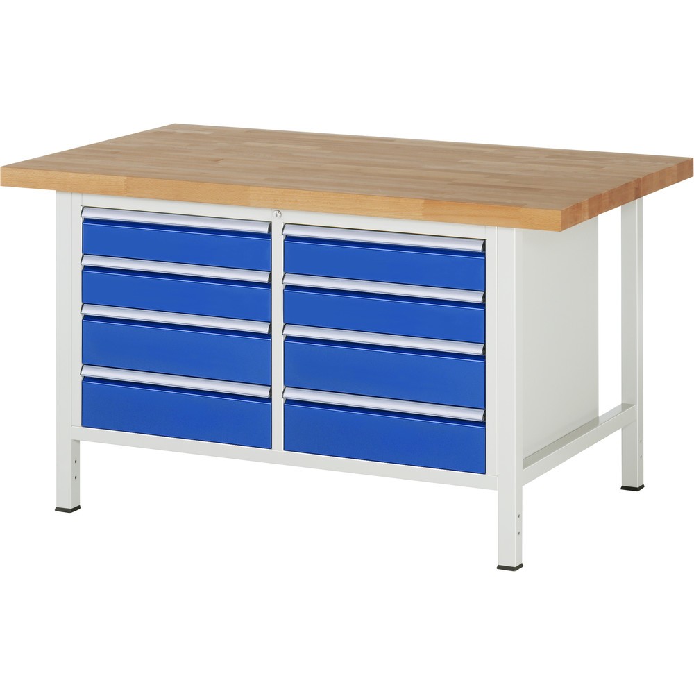 Product afbeelding: RAU werkbank serie 8000, h x b x d 840-1.040 x 1.500 x 900 mm, 1 dubbele onderbouwkast, met 8 lades