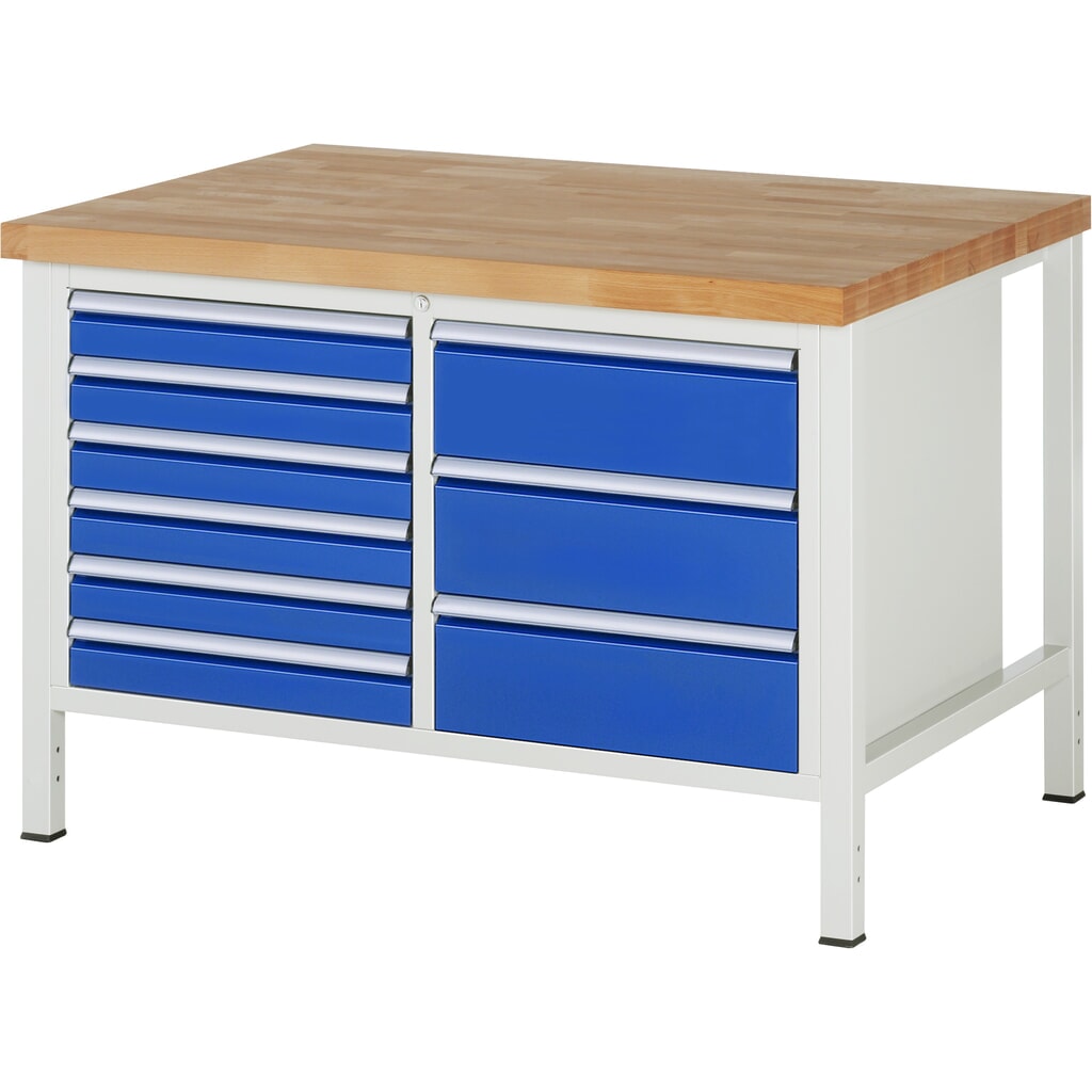RAU werkbank serie 8000, h x b x d 840-1.040 x 1.250 x 900 mm, 1 dubbele onderbouwkast, met 9 lades Product afbeelding: RAU werkbank serie 8000, h x b x d 840-1.040 x 1.250 x 900 mm, 1 dubbele onderbouwkast, met 9 lades