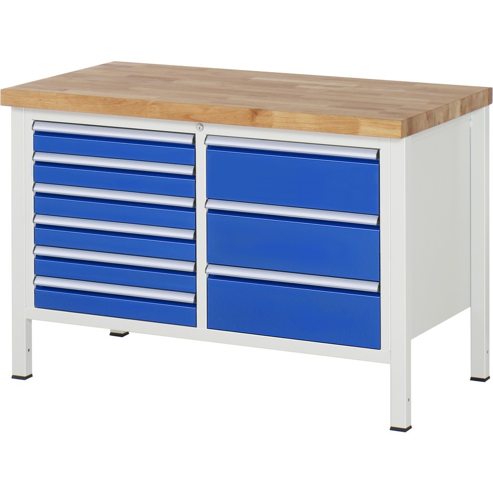 Product afbeelding: RAU werkbank serie 8000, h x b x d 840-1.040 x 1.250 x 700 mm, 1 dubbele onderbouwkast, met 9 lades