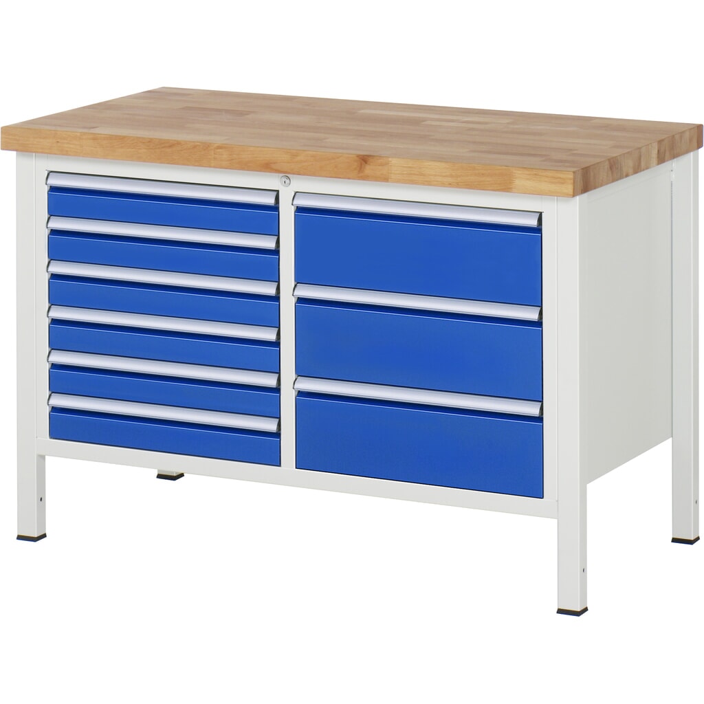 RAU werkbank serie 8000, h x b x d 840-1.040 x 1.250 x 700 mm, 1 dubbele onderbouwkast, met 9 lades Product afbeelding: RAU werkbank serie 8000, h x b x d 840-1.040 x 1.250 x 700 mm, 1 dubbele onderbouwkast, met 9 lades
