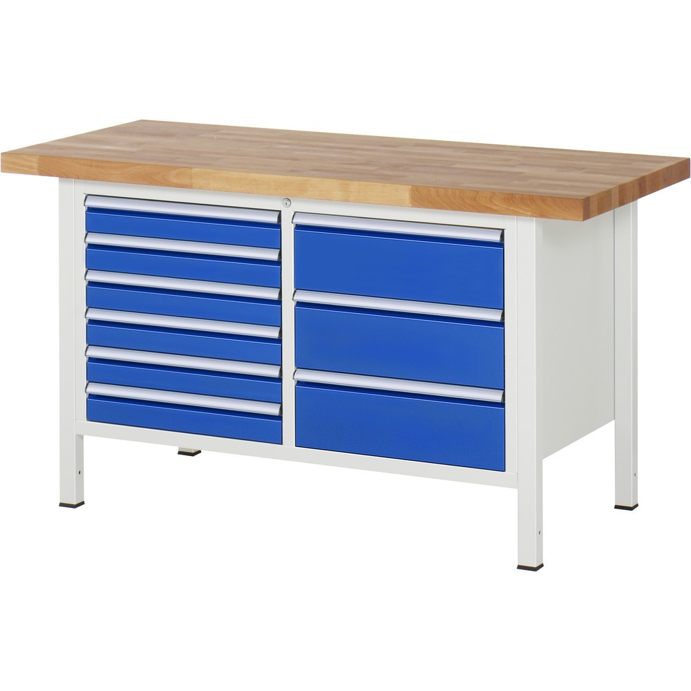 Product afbeelding: RAU werkbank serie 8000, h x b x d 840-1.040 x 1.500 x 700 mm, 1 dubbele onderbouwkast, met 9 lades