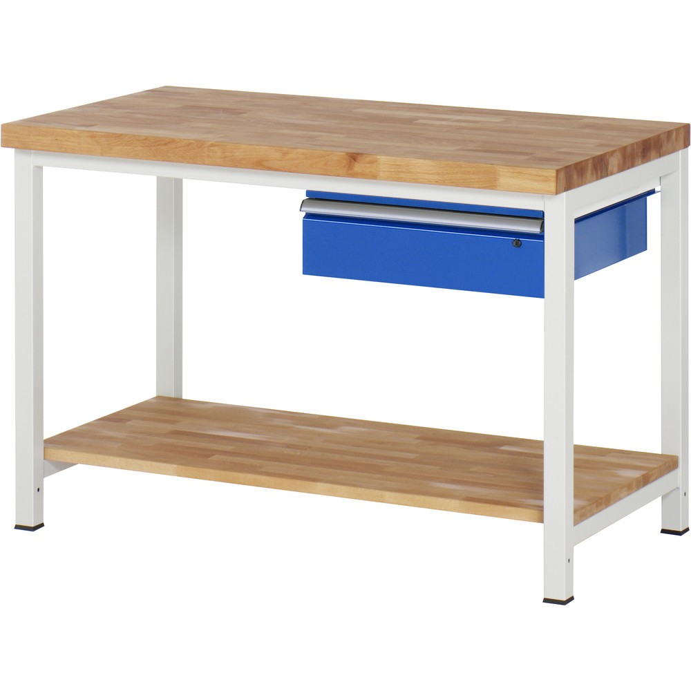 Product afbeelding: RAU werkbank serie 8000, h x b x d 840-1.040 x 1.250 x 700 mm, 1 lade rechts, legbord onderaan