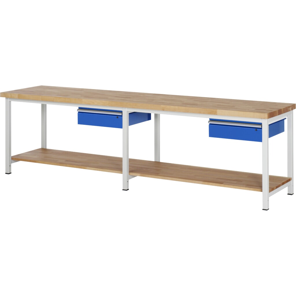 RAU werkbank serie 8000, h x b x d 840-1.040 x 3.000 x 700 mm, 2 lades, legbord onderaan Product afbeelding: RAU werkbank serie 8000, h x b x d 840-1.040 x 3.000 x 700 mm, 2 lades, legbord onderaan