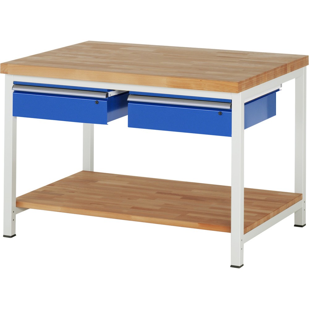 Productafbeelding nr. 1: Werkbank RAU serie 8000, hxbxd 840-1.040 x 1.250 x 900 mm, 2 lades, 1 massief beuken legbord met diepte 757 mm