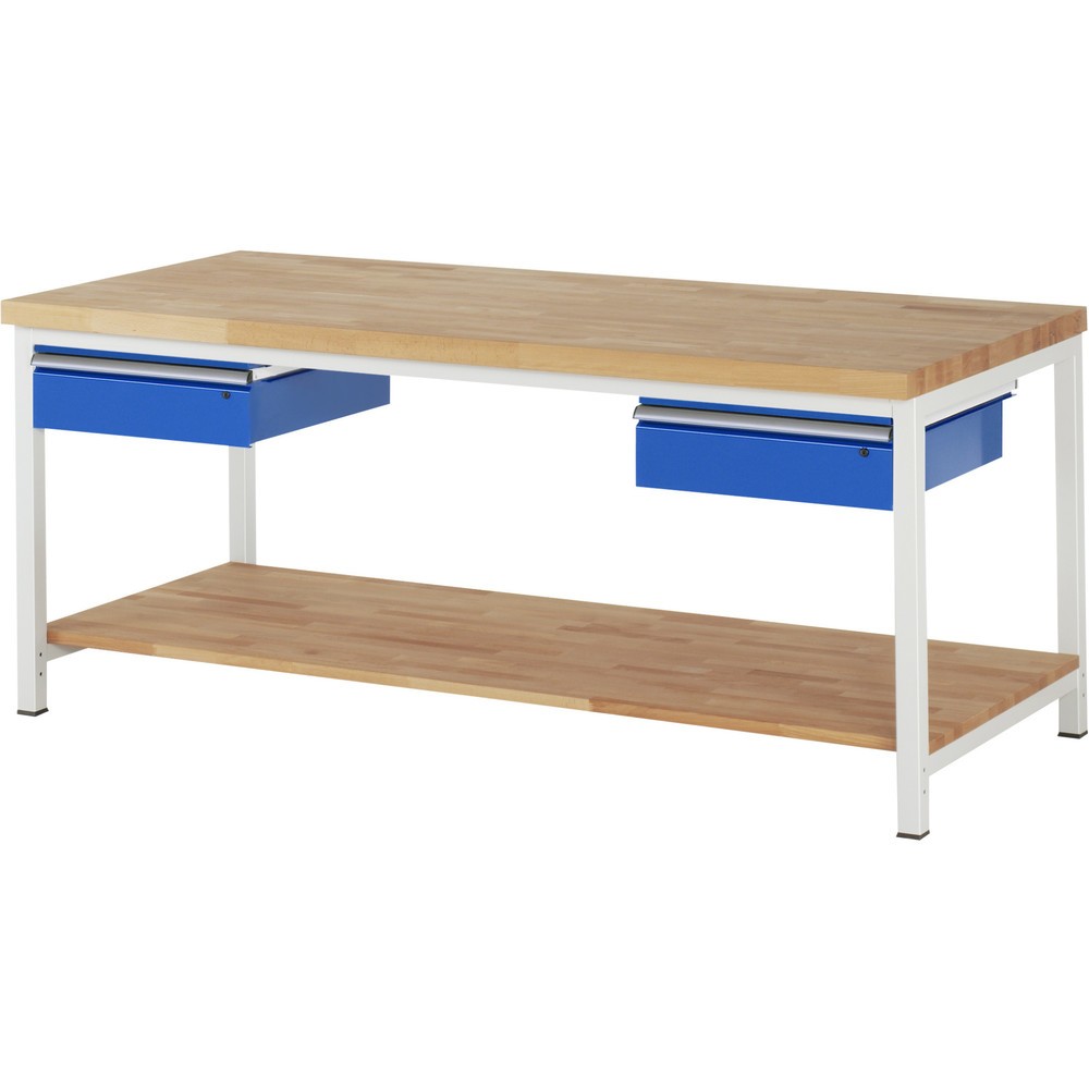 Productafbeelding nr. 1: Werkbank RAU serie 8000, hxbxd 840-1.040 x 2.000 x 900 mm, 2 lades, 1 massief beuken legbord met diepte 757 mm