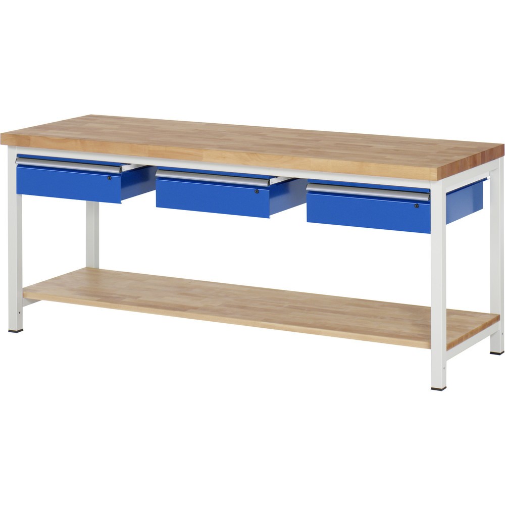 Productafbeelding nr. 1: Werkbank RAU serie 8000, hxbxd 840-1.040 x 2.000 x 700 mm, 3 lades, 1 massief beuken legbord met diepte 557 mm