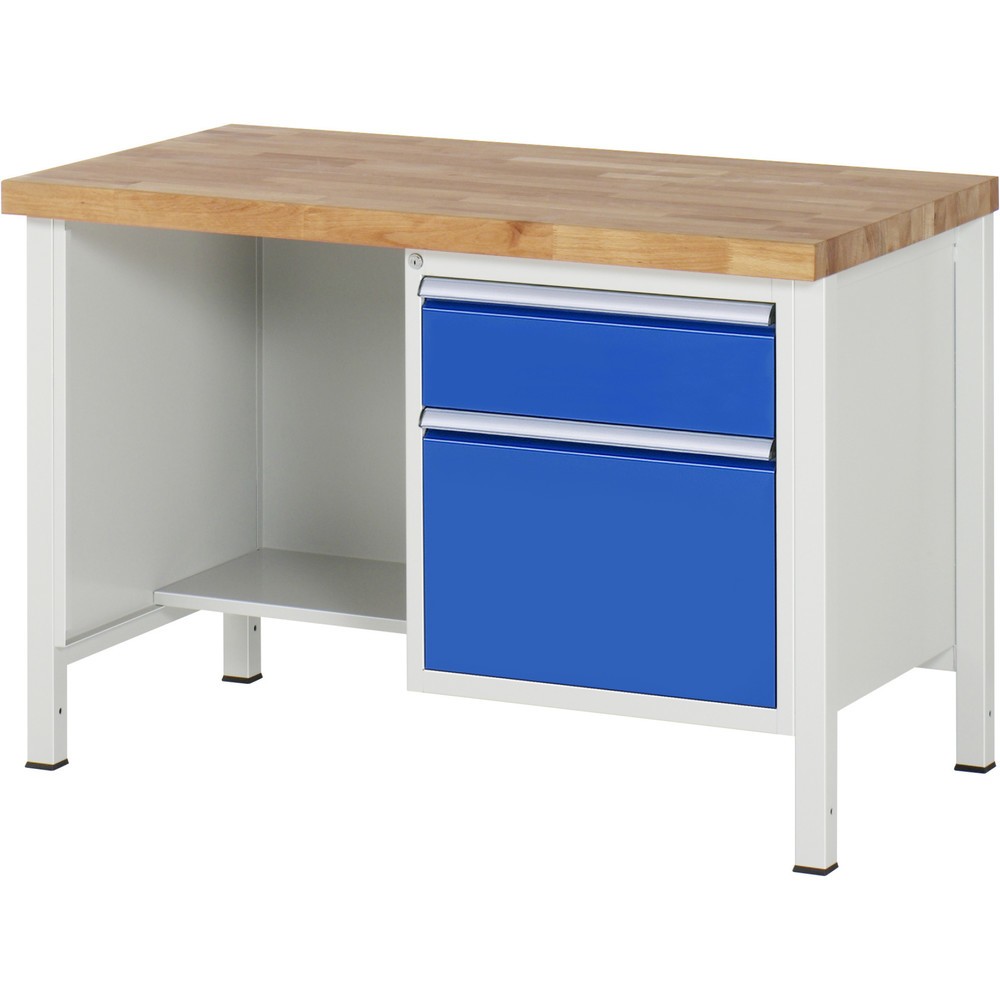 Product afbeelding: Werkbank RAU serie 8000, 1 legbord, hxbxd 840-1.040 x 1.250 x 700 mm, 2 x voor 90% uittrekbare lades