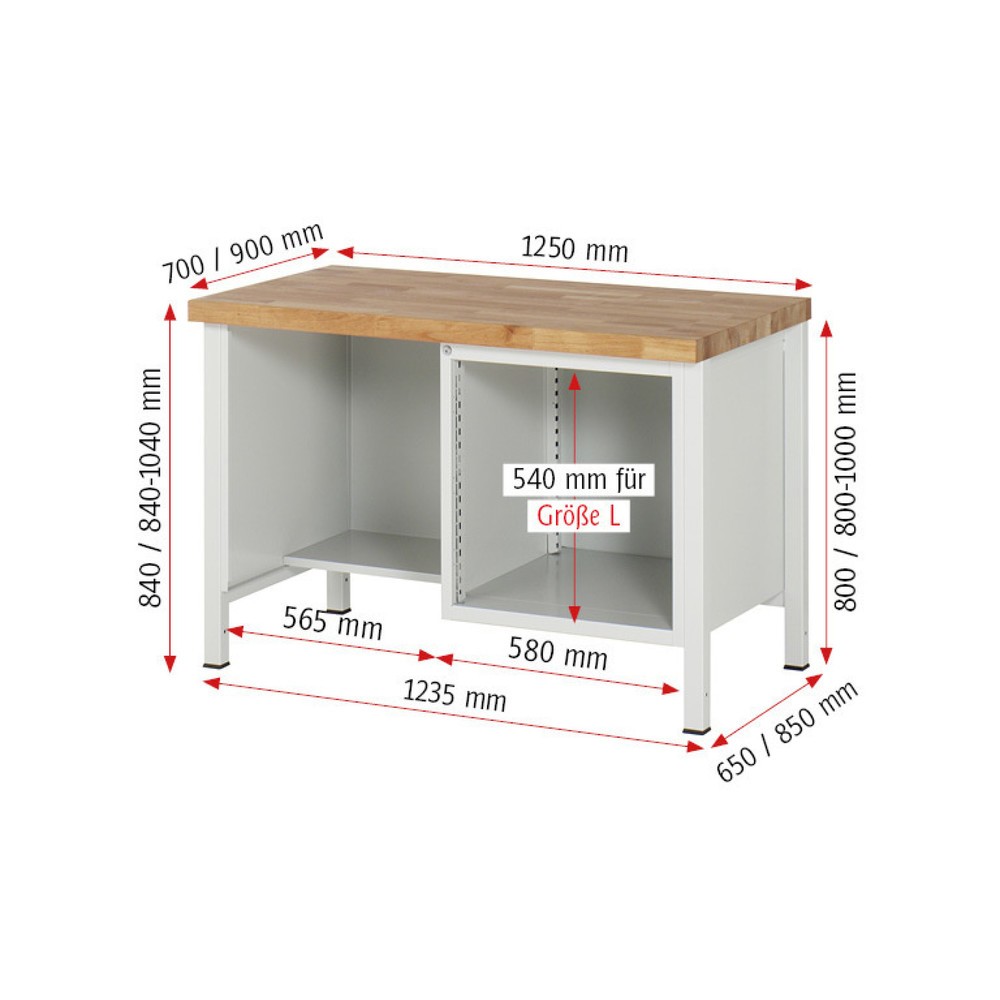 Productafbeelding nr. 5: Werkbank RAU serie 8000, 1 legbord, hxbxd 840-1.040 x 1.250 x 700 mm, 3 lades