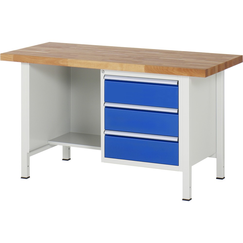 Product afbeelding: RAU werkbank serie 8000, h x b x d 840-1.040 x 1.500 x 700 mm, 1 onderbouwkast rechts en opbergvak, met 3 lades
