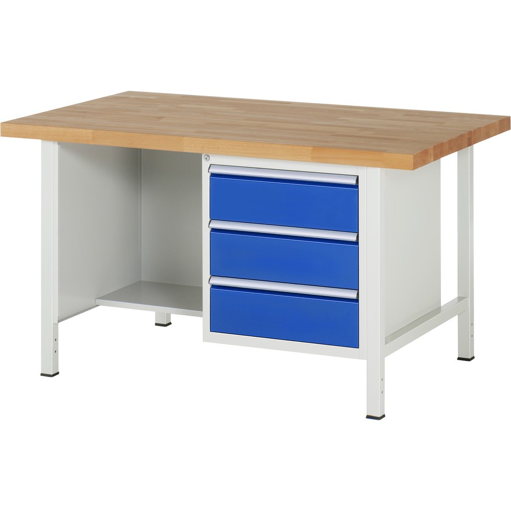 Product afbeelding: RAU werkbank serie 8000, h x b x d 840-1.040 x 1.500 x 900 mm, 1 onderbouwkast rechts en opbergvak, met 3 lades