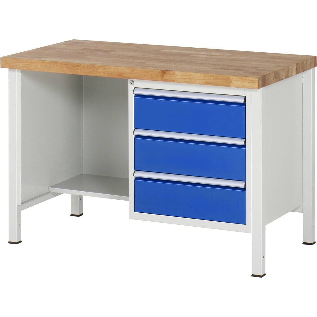 Product afbeelding: RAU werkbank serie 8000, h x b x d 840-1.040 x 1.250 x 700 mm, 1 onderbouwkast rechts en opbergvak, met 3 lades