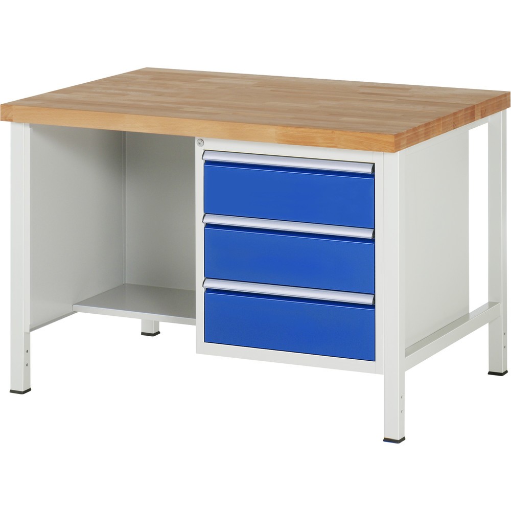 Product afbeelding: RAU werkbank serie 8000, h x b x d 840-1.040 x 1.250 x 900 mm, 1 onderbouwkast rechts en opbergvak, met 3 lades