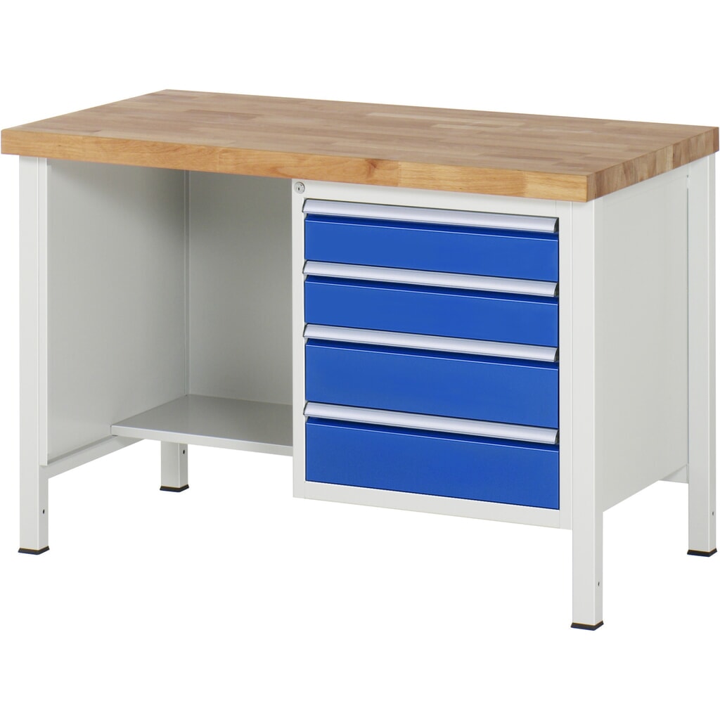 Product afbeelding: Werkbank RAU serie 8000, 1 legbord, hxbxd 840-1.040 x 1.250 x 700 mm, 4 x voor 90% uittrekbare lades