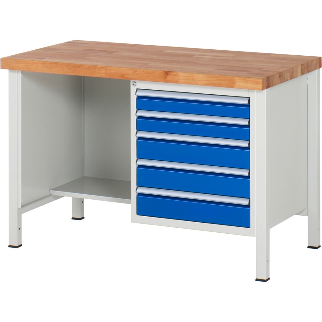 Werkbank RAU serie 8000, 1 legbord, hxbxd 840-1.040 x 1.250 x 700 mm, 5 x voor 90% uittrekbare lades Product afbeelding: Werkbank RAU serie 8000, 1 legbord, hxbxd 840-1.040 x 1.250 x 700 mm, 5 x voor 90% uittrekbare lades