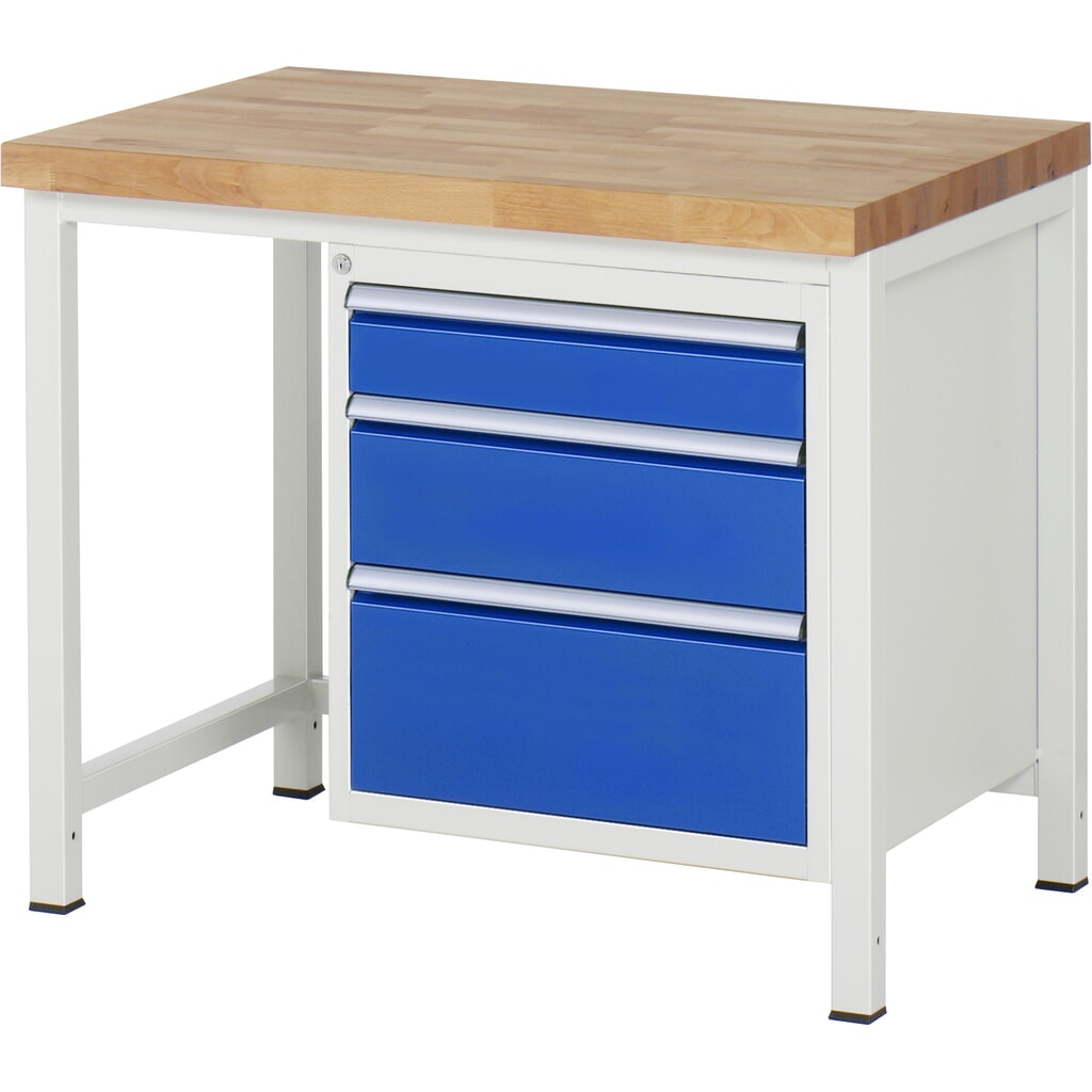Werkbank RAU serie 8000, hxbxd 840-1.040 x 1.000 x 700 mm, 3 x voor 100% uittrekbare lades, 1 x 120, 1 x 180, 1 x 240 mm, draagvermogen lade 100 kg Product afbeelding: Werkbank RAU serie 8000, hxbxd 840-1.040 x 1.000 x 700 mm, 3 x voor 100% uittrekbare lades, 1 x 120, 1 x 180, 1 x 240 mm, draagvermogen lade 100 kg