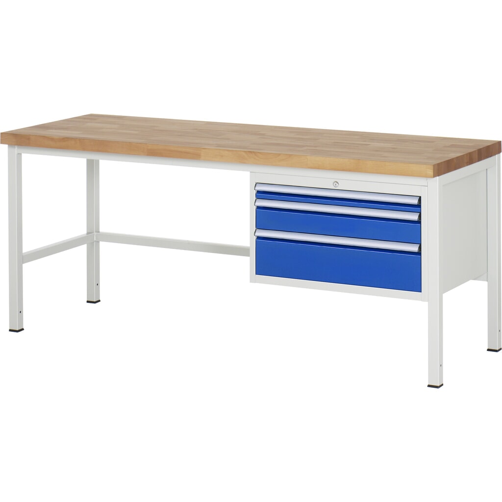 Werkbank RAU serie 8000, hxbxd 840 x 2.000 x 700 mm, 3 x voor 90% uittrekbare lades, 1 x 60, 1 x 120, 1 x 180 mm, draagvermogen lade 75 kg Product afbeelding: Werkbank RAU serie 8000, hxbxd 840 x 2.000 x 700 mm, 3 x voor 90% uittrekbare lades, 1 x 60, 1 x 120, 1 x 180 mm, draagvermogen lade 75 kg