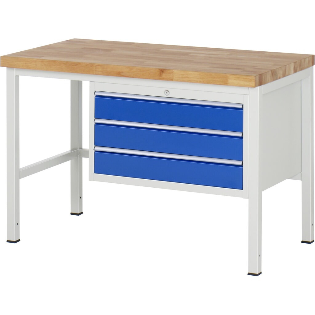 Product afbeelding: Werkbank RAU serie 8000, hxbxd 840-1.040 x 1.250 x 700 mm, 3 x voor 100% uittrekbare lades, 3 x 120 mm, draagvermogen lade 75 kg