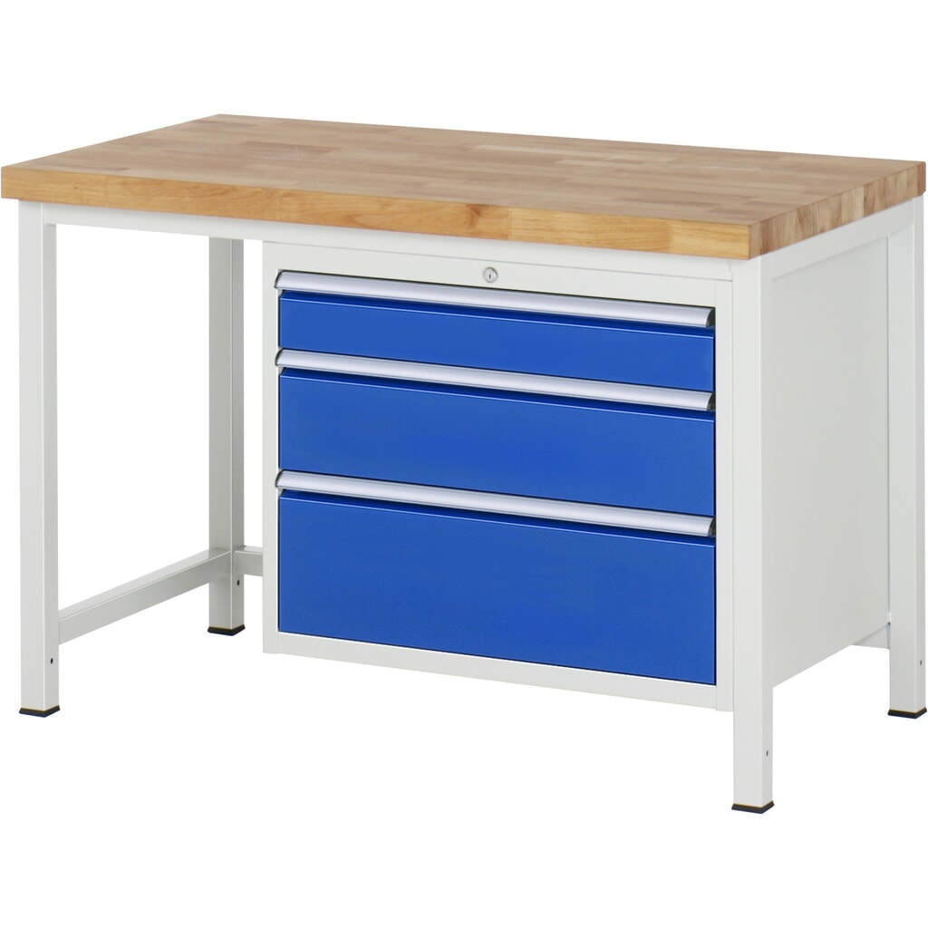 Product afbeelding: Werkbank RAU serie 8000, hxbxd 840-1.040 x 1.250 x 700 mm, 3 x voor 100% uittrekbare lades, 1 x 120, 1 x 180, 1 x 240 mm, draagvermogen lade 75 kg