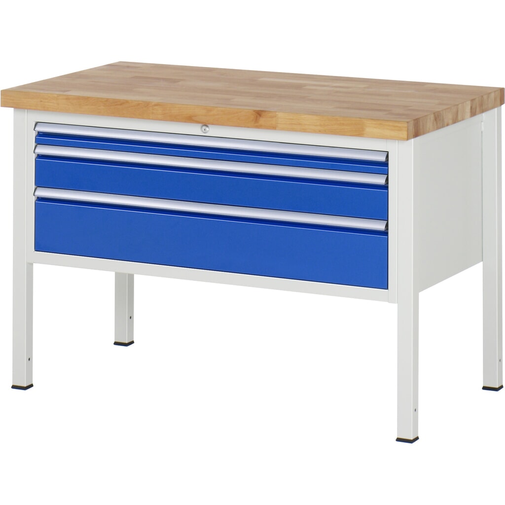 Werkbank RAU serie 8000, hxbxd 840 x 1.250 x 700 mm, 3 x voor 90% uittrekbare lades, 1 x 60, 1 x 120, 1 x 180 mm, draagvermogen lade 50 kg Product afbeelding: Werkbank RAU serie 8000, hxbxd 840 x 1.250 x 700 mm, 3 x voor 90% uittrekbare lades, 1 x 60, 1 x 120, 1 x 180 mm, draagvermogen lade 50 kg