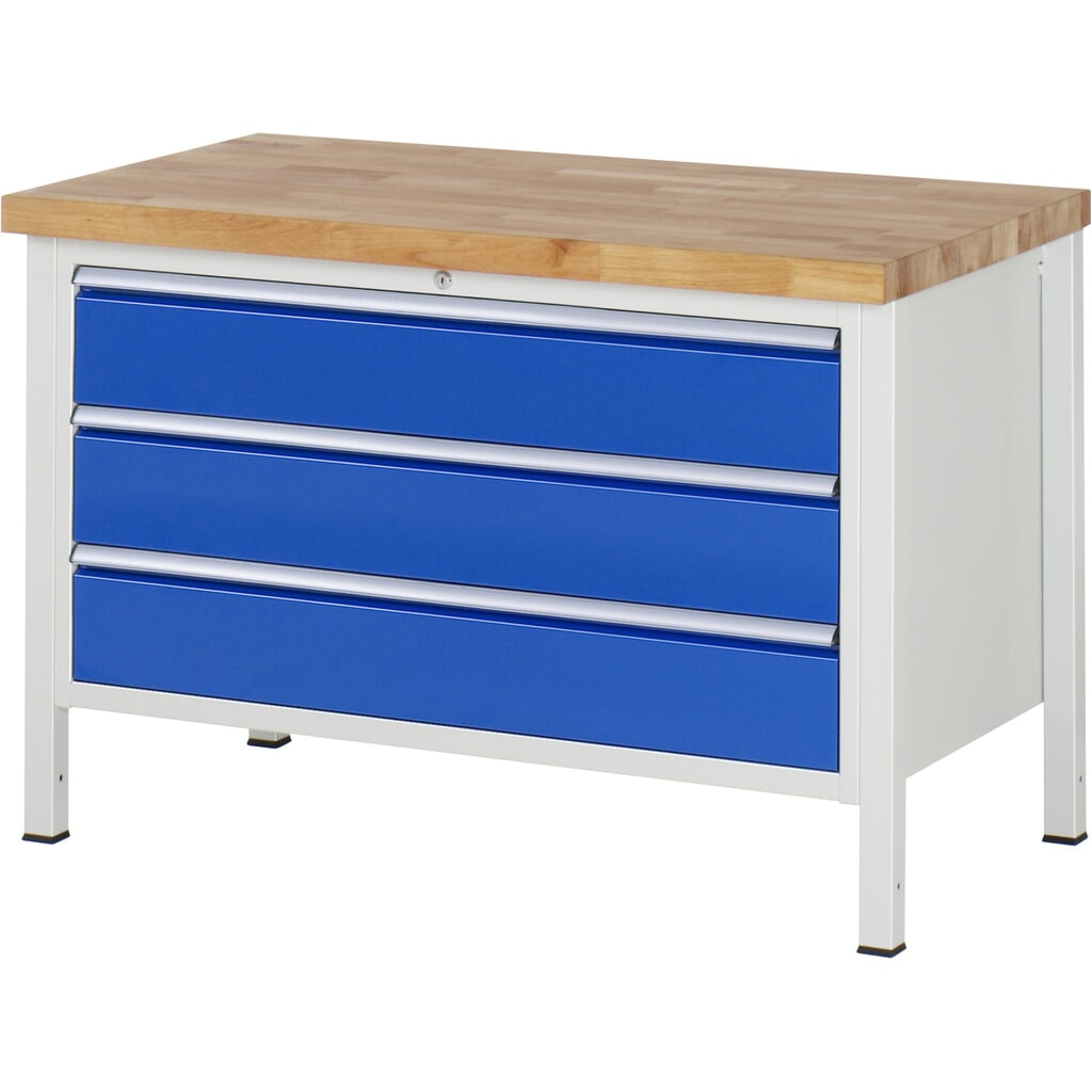 Product afbeelding: Werkbank RAU serie 8000, hxbxd 840-1.040 x 1.250 x 700 mm, 3 x voor 90% uittrekbare lades, 3 x 180 mm, draagvermogen lade 50 kg