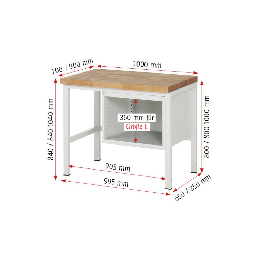 Productafbeelding nr. 5: Werkbank RAU serie 8000, hxbxd 840-1.040 x 1.000 x 900 mm, 2 x voor 90% uittrekbare lades, 1 x 150, 1 x 210 mm, draagvermogen lade 100 kg