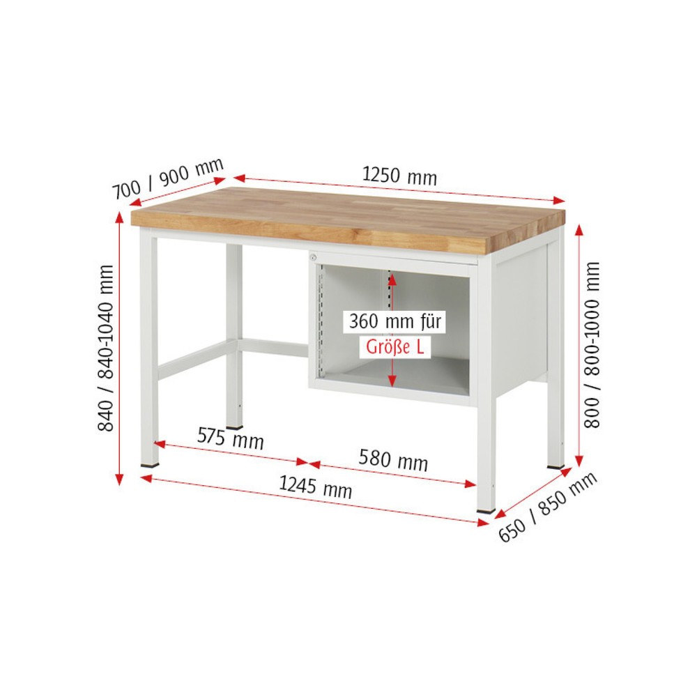 Productafbeelding nr. 3: Werkbank RAU serie 8000, hxbxd 840 x 1.250 x 700 mm, 2 x voor 100% uittrekbare lades, 2 x 180 mm, draagvermogen lade 100 kg